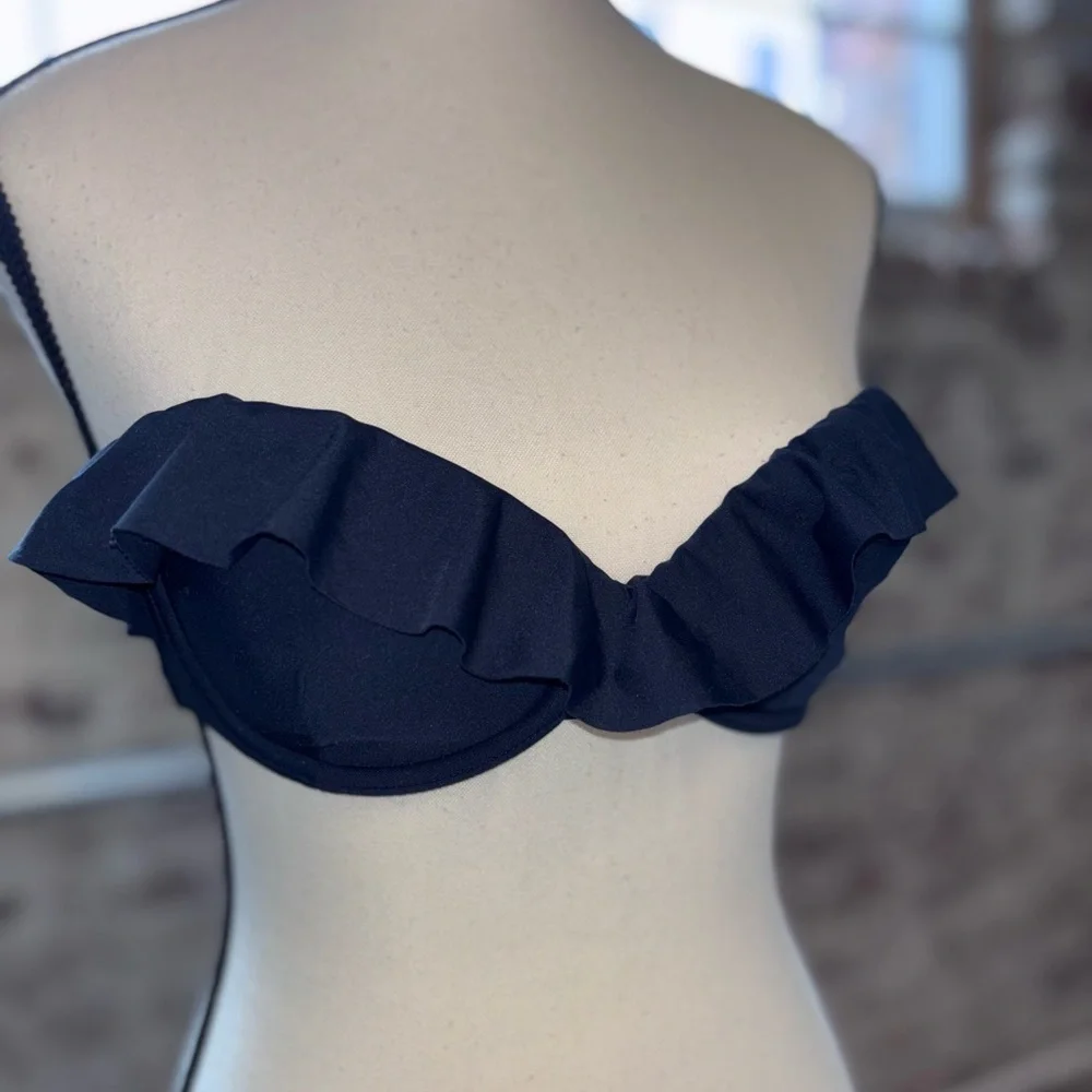Navy Ruffle Bandeau Bikini Top Bathing Suit Separate Size Small